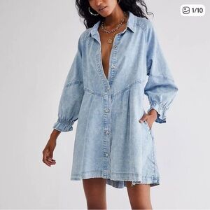 We the Free Hannah Denim Western Farmhouse Boho Ruffle Button-Up Mini Dress M